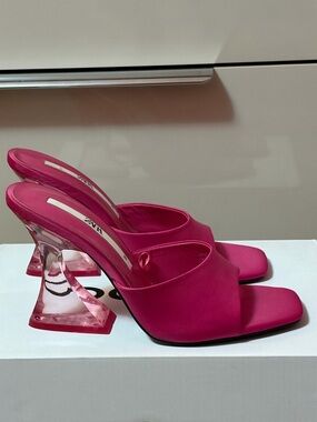 Zara Hot Pink Slide Sandals with Sculptural Clear Heel